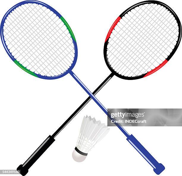 badmintonschläger mit federball - badminton shuttle stock-grafiken, -clipart, -cartoons und -symbole