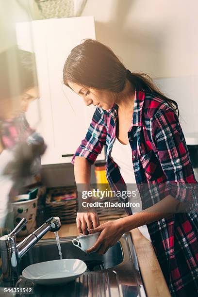 lavare i piatti - spugna per le pulizie foto e immagini stock