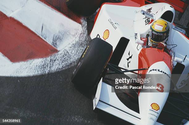 Ayrton Senna of Brazil drives the Marlboro McLaren McLaren MP4/8 Ford HBE7 V8 during the Rhone-Poulenc French Grand Prix on 4th July 1993 at the...