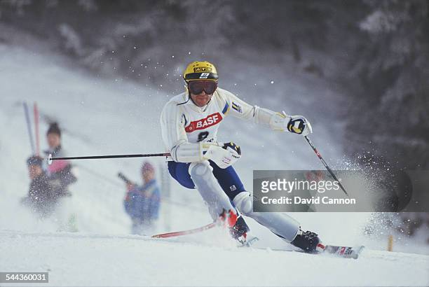 Ingemar Stenmark of Sweden during the International Ski Federation Men's Slalom at the FIS Alpine World Ski Championship on 8 February 1987 in Crans...