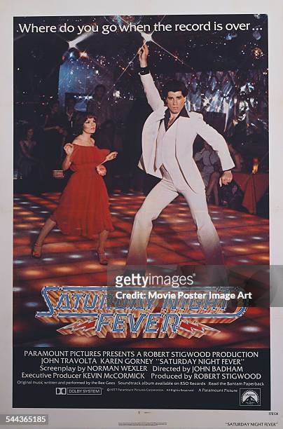 Poster for John Badham's 1977 drama 'Saturday Night Fever' starring John Travolta and Karen Lynn Gorney.