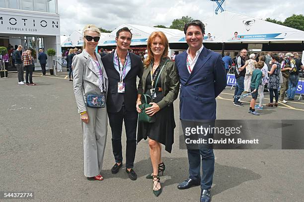 Tamara Beckwith, Manuel Fernandez, Sarah Ferguson, Duchess of York, and Giorgio Veroni attend day 2 of the 2016 FIA Formula E Visa London ePrix in...