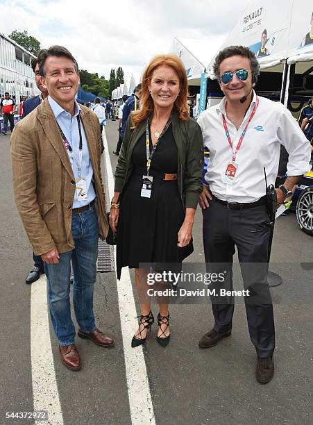 Lord Sebastian Coe, Sarah Ferguson, Duchess of York and Alejandro Agag attend day 2 of the 2016 FIA Formula E Visa London ePrix in Battersea Park on...