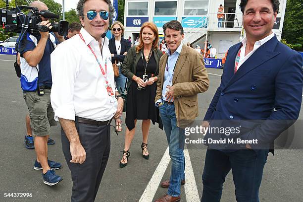 Alejandro Agag, Sarah Ferguson, Duchess of York, Lord Sebastian Coe and Giorgio Veroni attend day 2 of the 2016 FIA Formula E Visa London ePrix in...