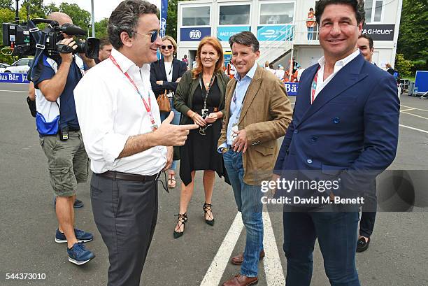 Alejandro Agag, Sarah Ferguson, Duchess of York, Lord Sebastian Coe and Giorgio Veroni attend day 2 of the 2016 FIA Formula E Visa London ePrix in...