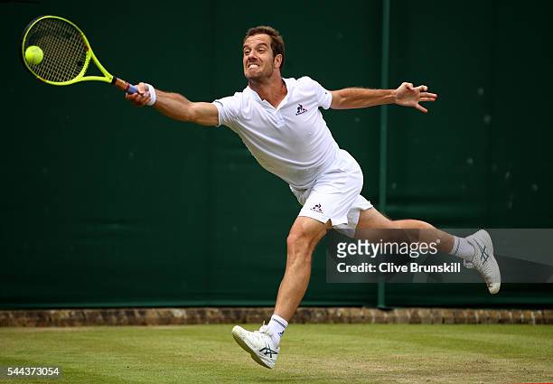 Richard Gasquet of France plays a forehand during the Men's Singles third round match against Albert Ramos-Vinolas of Spain on Middle Sunday of the...