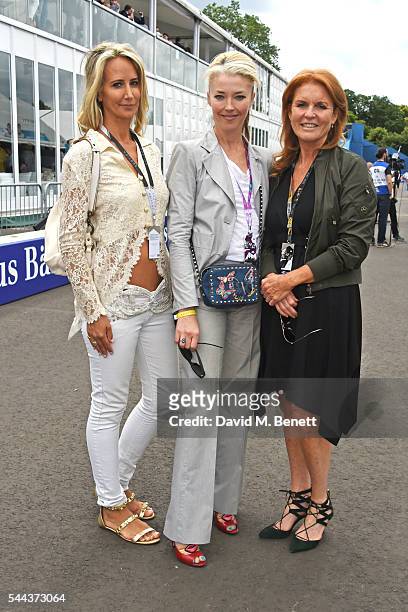 Lady Victoria Hervey, Tamara Beckwith and Sarah Ferguson, Duchess of York, attend day 2 of the 2016 FIA Formula E Visa London ePrix in Battersea Park...