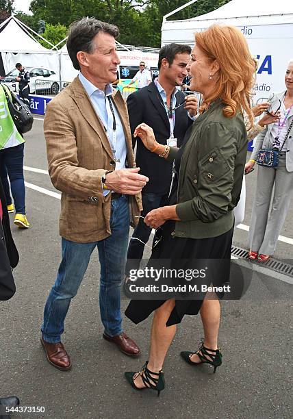 Lord Sebastian Coe, Manuel Fernandez and Sarah Ferguson, Duchess of York, attend day 2 of the 2016 FIA Formula E Visa London ePrix in Battersea Park...