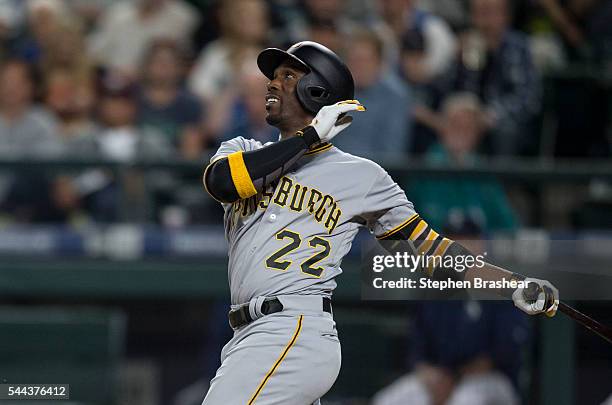 Andrew McCutchen of the Pittsburgh Pirates takes a swing during an at-bat in a game against the Seattle Mariners at Safeco Field on June 29, 2016 in...