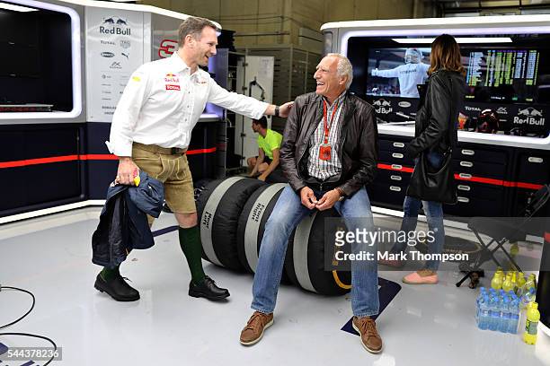 Red Bull Racing Team Principal Christian Horner and Dietrich Mateschitz, Red Bull owner in the garage after the Formula One Grand Prix of Austria at...