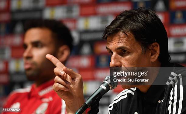 Wales manager Chris Coleman and Hal Robson-Kanu face the media at the Wales press conference ahead of their Euro 2016 semi final against Portugal at...