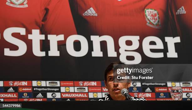 Wales manager Chris Coleman faces the media at the Wales press conference ahead of their Euro 2016 semi final against Portugal at their Dinard base...