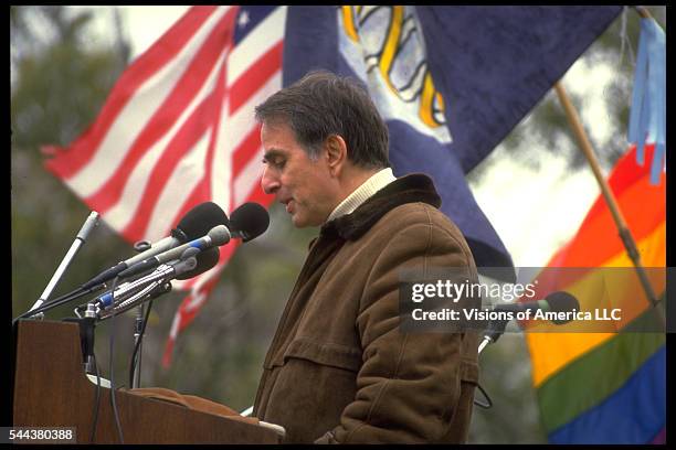 Scientist and anti-nuclear weapon advocate Carl Sagan speaks at the Great Peace March in Washington, D.C., 1986.