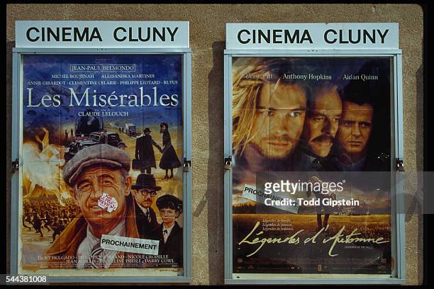 Posters for the movies Les Miserables and Legends d'Automne are displayed outside the Cinema Cluny in France.