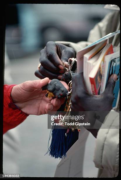An African vendor sells souvenirs at Versailles.