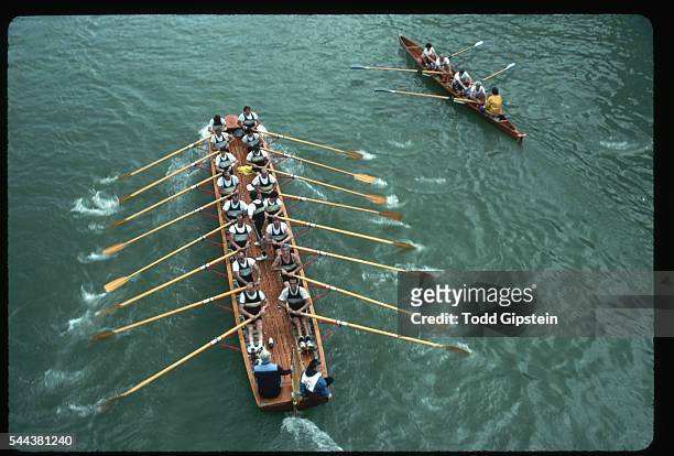 View from above two rowing teams during Vogalonga, or "long row." The event is a 20 mile rowing racing from the Piazza San Marco to Burano and back.