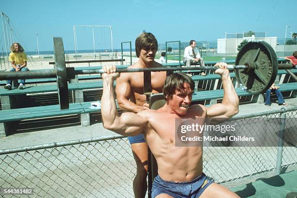 American actor of Austrian origins Arnold Schwarzenegger training for a culturisme championship. He is a five-time Mr Universe and a seven-time Mr...