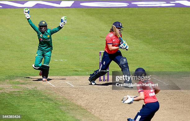 Sidra Nawaz of Pakistan celebrates the wicket of Natalie Scriver of England during the 1st Natwest International T20 played between England Women and...