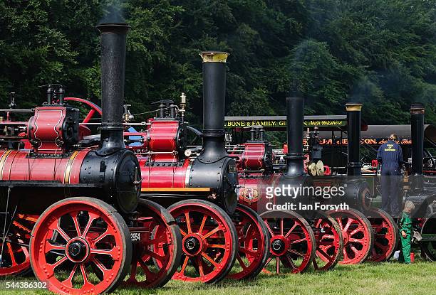 Steam engines are displayed at the annual Duncombe Park Steam Fair on July 3, 2016 in Helmsley, England. Held in the picturesque grounds of Duncombe...