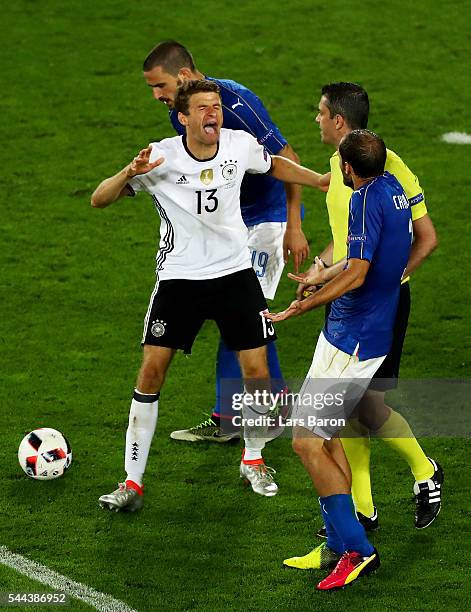 Thomas Mueller of Germany reacts during the UEFA EURO 2016 quarter final match between Germany and Italy at Stade Matmut Atlantique on July 2, 2016...