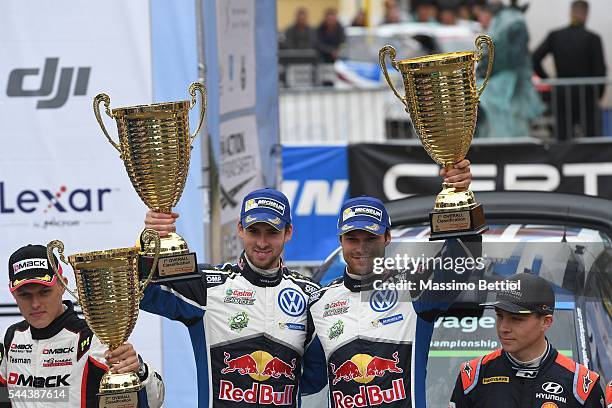 Andreas Mikkelsen of Norway and Anders Jaeger of Norway celebrate their victory during Day Three of the WRC Poland on July 3, 2016 in Mikolajki,...