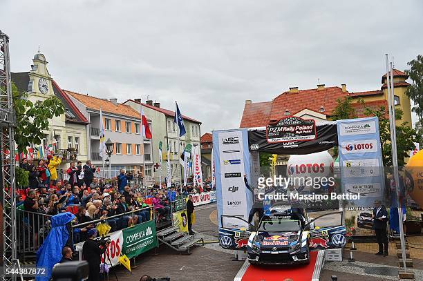 Andreas Mikkelsen of Norway and Anders Jaeger of Norway celebrate their victory during Day Three of the WRC Poland on July 3, 2016 in Mikolajki,...