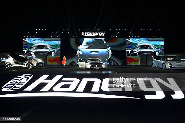 The Hanergy solar power vehicles are displayed at the launching ceremony on July 2, 2016 in Beijing, China. Hanergy Holding Group launched 4 full...