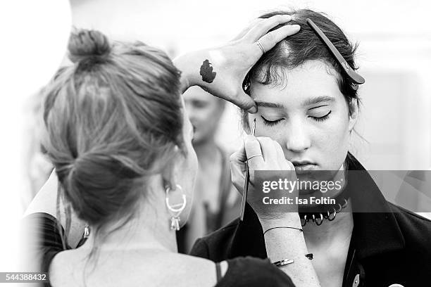 Model is seen ahead of the Malaikaraiss defilee during the Der Berliner Mode Salon Spring/Summer 2017 at Kronprinzenpalais on June 28, 2016 in...