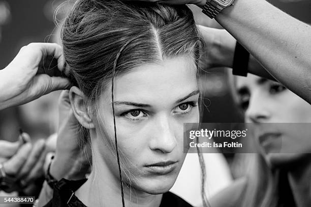 Model is seen ahead of the Malaikaraiss defilee during the Der Berliner Mode Salon Spring/Summer 2017 at Kronprinzenpalais on June 28, 2016 in...