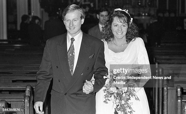 Portrait of just-married couple politician Enda Kenny and Fionnuala O'Kelly at St Mary's church , Clontarf, Dublin, Ireland, February 3, 1992.