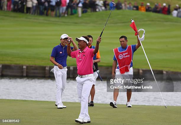 Thongchai Jaidee of Thailand celebtrates his win during day four of the 100th Open de France at Le Golf National on July 3, 2016 in Paris, France.