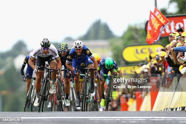 Peter Sagan of Slovakia and the Tinkoff team sprints against Julian Alaphilippe of France and Etixx-QuickStep on his way to winning stage two of the...