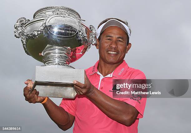 Thongchai Jaidee of Thailand celebrates his win during day four of the 100th Open de France at Le Golf National on July 3, 2016 in Paris, France.