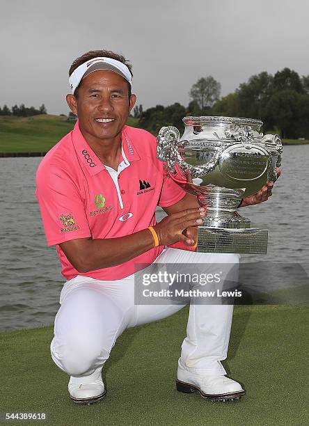 Thongchai Jaidee of Thailand celebtrates his win during day four of the 100th Open de France at Le Golf National on July 3, 2016 in Paris, France.