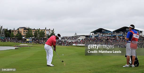 Thongchai Jaidee of Thailand plays his third shot from the 18th fairway during day four of the 100th Open de France at Le Golf National on July 3,...