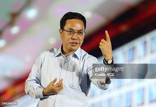 Li Hejun, Board Chairman and CEO of Hanergy Holding Group, delivers a speech at the launching ceremony on July 2, 2016 in Beijing, China. Hanergy...