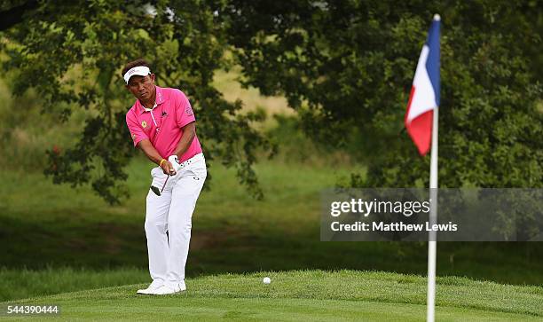 Thongchai Jaidee of Thailand chips onto the 13th green during day four of the 100th Open de France at Le Golf National on July 3, 2016 in Paris,...