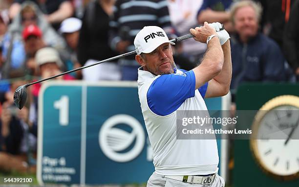 Lee Westwood of England tees off on the 1st hole during day four of the 100th Open de France at Le Golf National on July 3, 2016 in Paris, France.