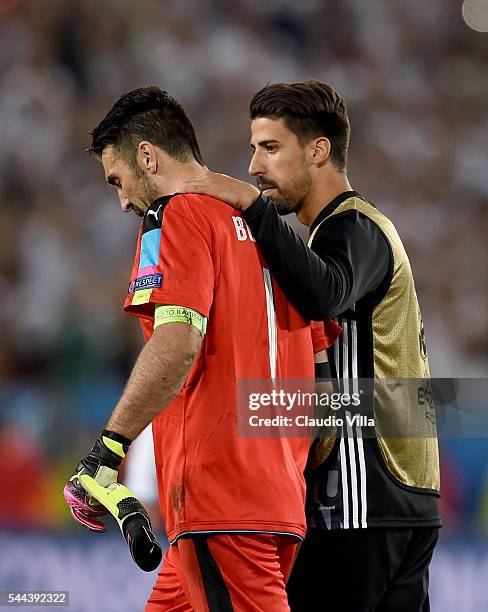 Sami Khedira of Germany and Gianluigi Buffon of Italy at the end of the UEFA Euro 2016 quarter final match between Germany and Italy at Stade Matmut...