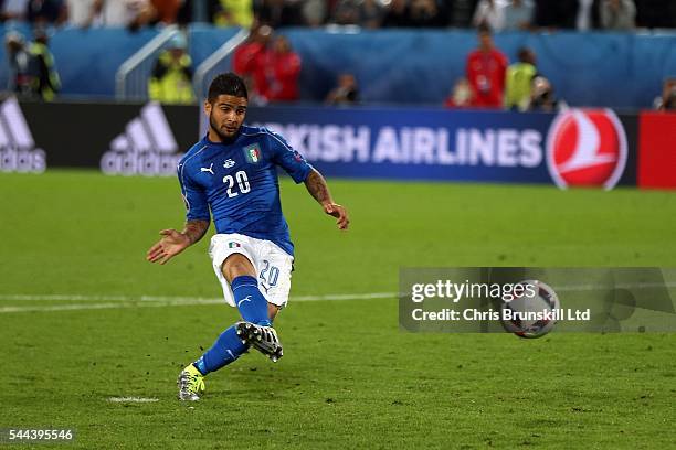 Lorenzo Insigne of Italy scores during the penalty shoot out following the UEFA Euro 2016 Quarter Final match between Germany and Italy at Nouveau...