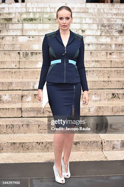 Olga Sorokina is seen arriving at Versace fashion show during the paris fashion week: Haute Couture F/W 2016-2017 on July 3, 2016 in Paris, France.