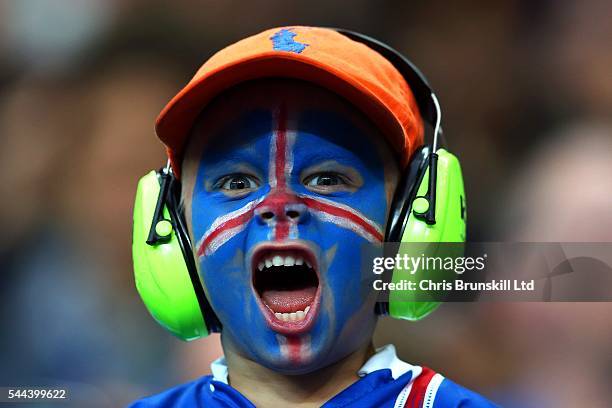 An Iceland fan supports his team during the UEFA Euro 2016 Quarter Final match between France and Iceland at Stade de France on July 03, 2016 in...