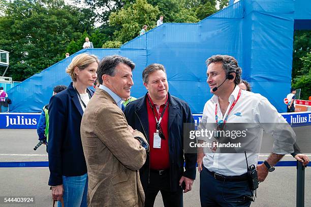 In this handout image supplied by Formula E Lord Sebastian Coe. During the London Formula E race on JULY 3, 2016 in Battersea Park, London, United...