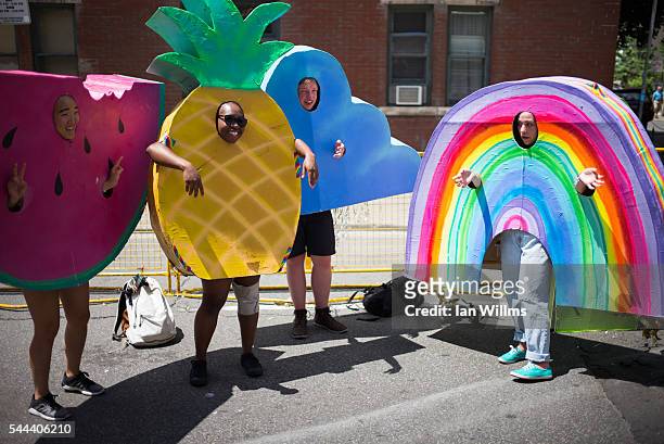 Group of friends dress up in 'wearable sculptures' at the Ontario College of Art and Design tent, at the annual Pride Festival parade, July 3, 2016...