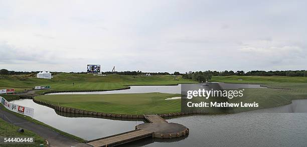 General view of the 18th hole ahead of day four of the 100th Open de France at Le Golf National on July 3, 2016 in Paris, France.