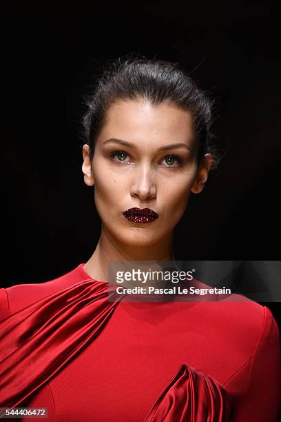 Bella Hadid walks the runway during the Atelier Versace Haute Couture Fall/Winter 2016-2017 show as part of Paris Fashion Week on July 3, 2016 in...