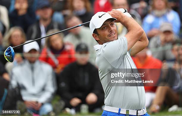 Francencesco Molinari of Italy tees off onthe 1st hole during day four of the 100th Open de France at Le Golf National on July 3, 2016 in Paris,...