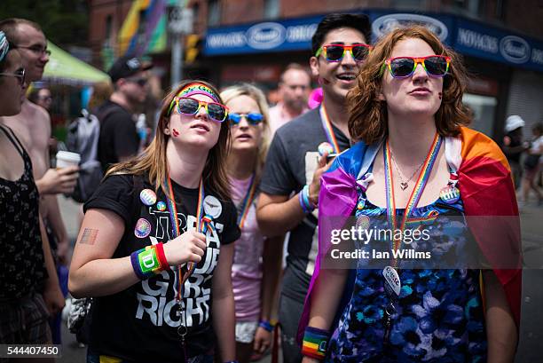 Cassie Leathers , Courtney Ross, Harpinder Panaich and Steph Bosiljevac at the annual Pride Festival parade, July 3, 2016 in Toronto, Ontario,...