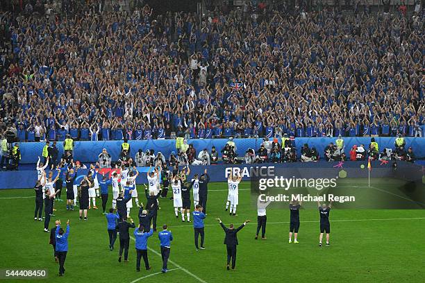 Iceland players and staffs applaud the supporters after their team's 2-5 defeat in the UEFA EURO 2016 quarter final match between France and Iceland...