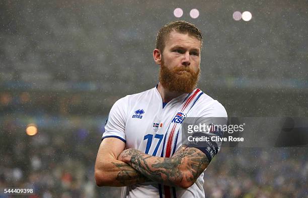 Dejected Aron Gunnarsson of Iceland is seen after the UEFA EURO 2016 quarter final match between France and Iceland at Stade de France on July 3,...